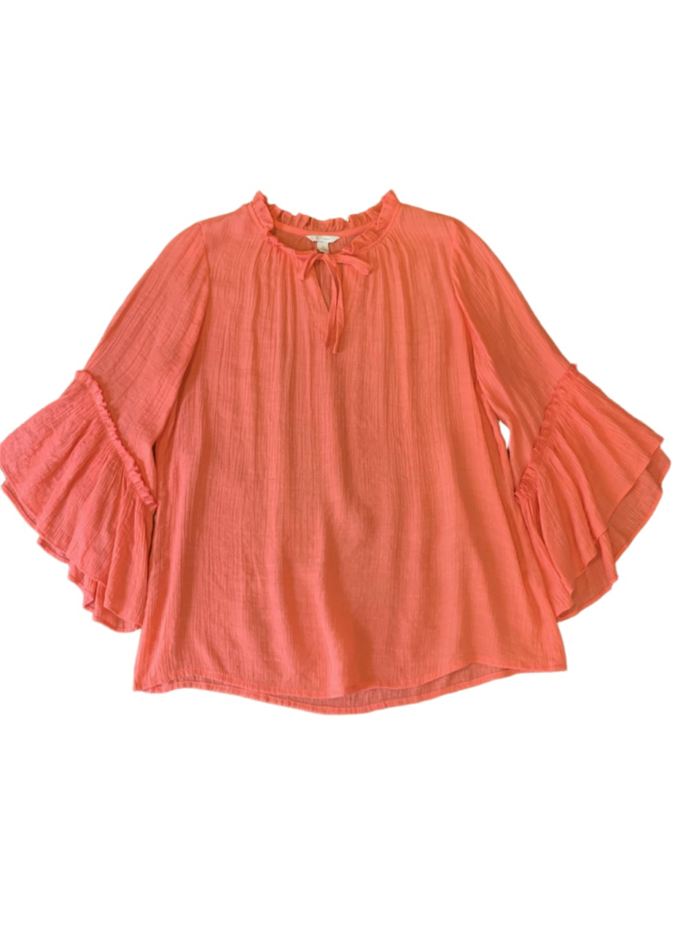 Cato top Large Coral Boho Ruffle Sleeves Tie Neck.